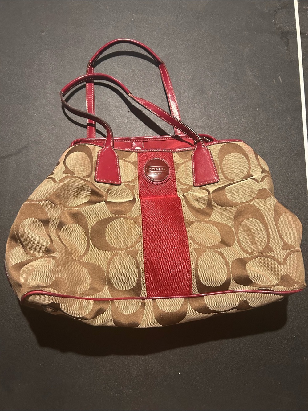 Coach Brown Signature Canvas Shoulder Bag with Red Interior